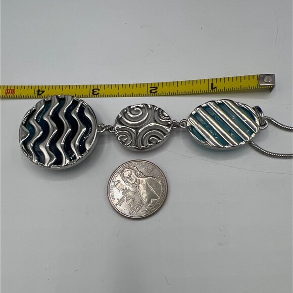 4" Pendant Necklace Teal Lavender Blue Reversible Disc 36" Pull Chain Geometric - Picture 4 of 6